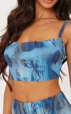 Clearance PrettyLittleThing Petite Butterfly Print Plisse Strappy Cowl Neck Top Blue
