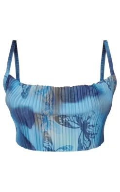 Clearance PrettyLittleThing Petite Butterfly Print Plisse Strappy Cowl Neck Top Blue