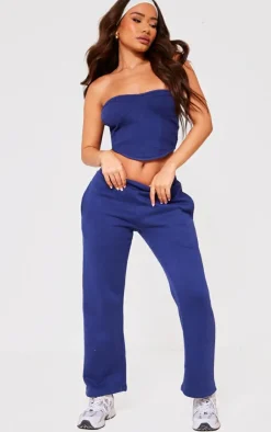 Sale PrettyLittleThing Petite Cup Detail Ribbed Sweat Corset Top Blue