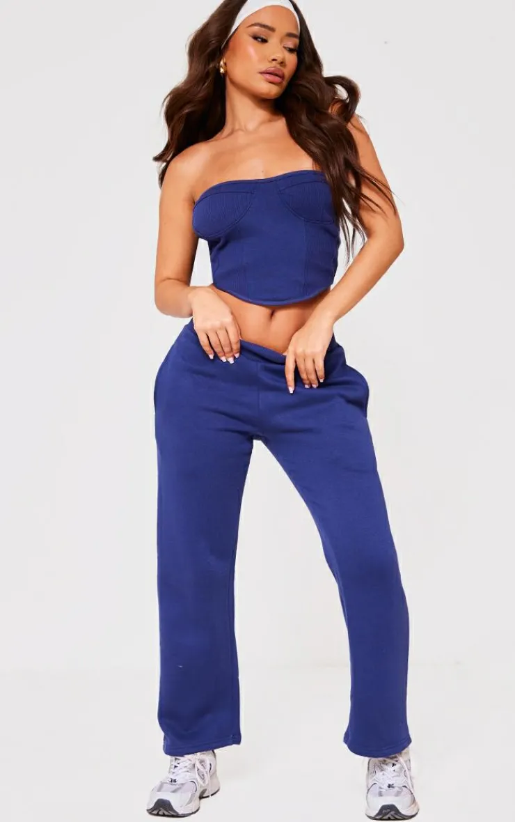 Sale PrettyLittleThing Petite Cup Detail Ribbed Sweat Corset Top Blue