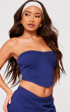 Sale PrettyLittleThing Petite Cup Detail Ribbed Sweat Corset Top Blue