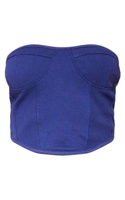 Sale PrettyLittleThing Petite Cup Detail Ribbed Sweat Corset Top Blue