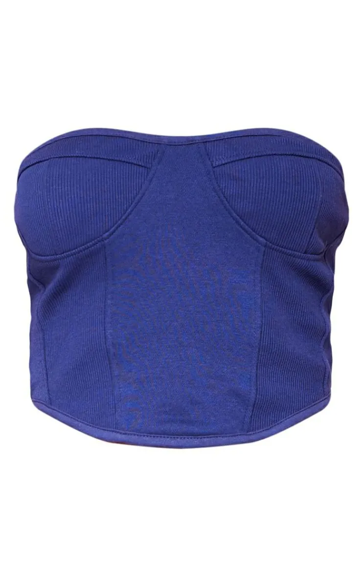 Sale PrettyLittleThing Petite Cup Detail Ribbed Sweat Corset Top Blue