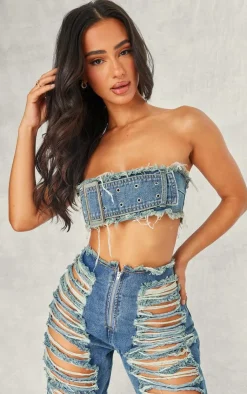 Online PrettyLittleThing Petite Denim Bandeau Belted Extreme Crop Top Blue