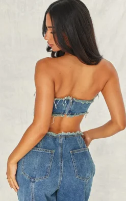 Online PrettyLittleThing Petite Denim Bandeau Belted Extreme Crop Top Blue