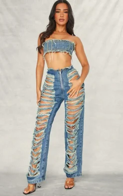 Online PrettyLittleThing Petite Denim Bandeau Belted Extreme Crop Top Blue