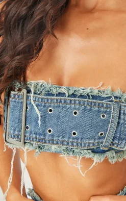 Online PrettyLittleThing Petite Denim Bandeau Belted Extreme Crop Top Blue