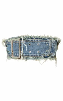 Online PrettyLittleThing Petite Denim Bandeau Belted Extreme Crop Top Blue