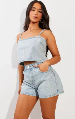 Best PrettyLittleThing Petite Denim Diamante Crop Top Blue