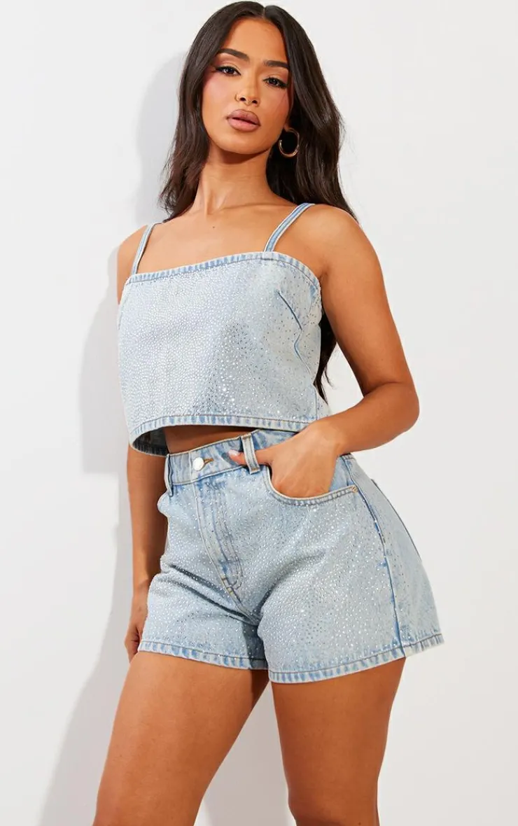 Best PrettyLittleThing Petite Denim Diamante Crop Top Blue