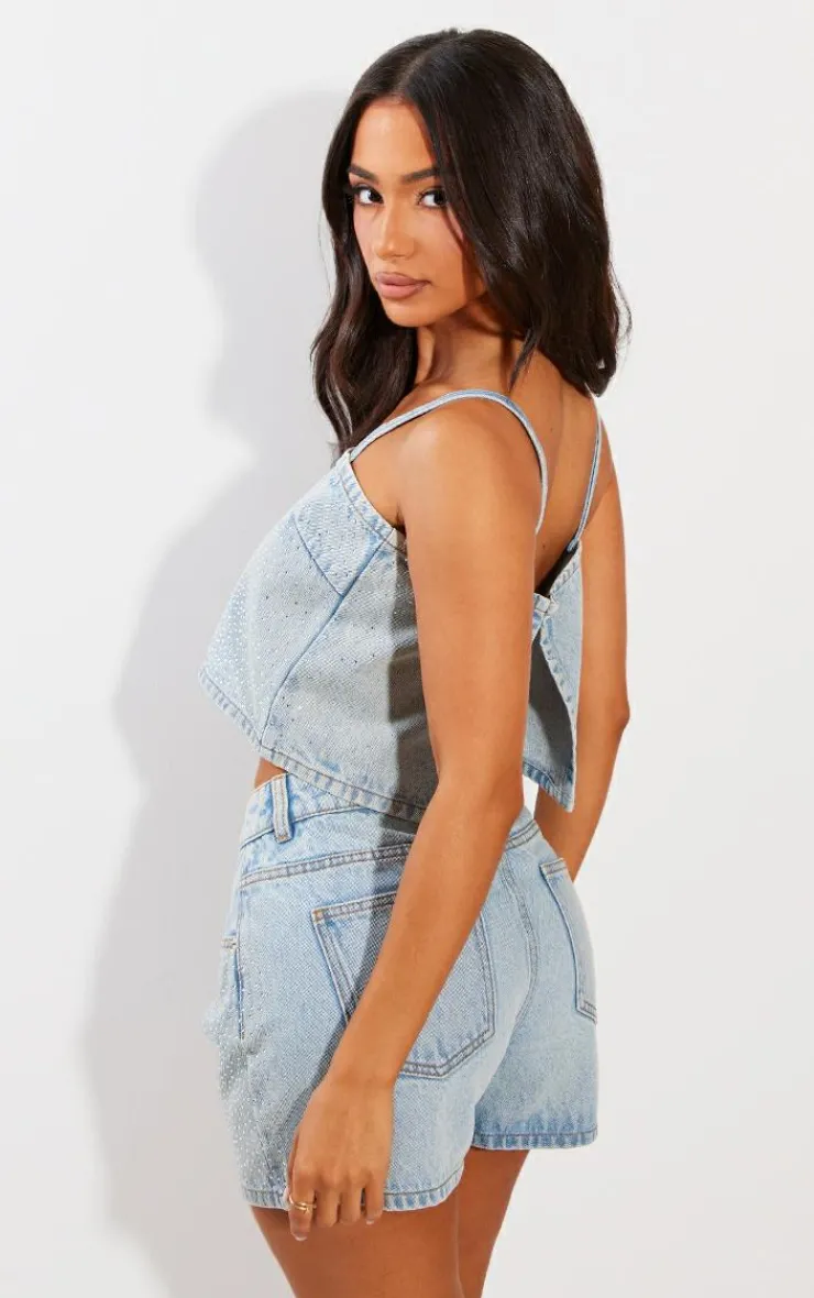 Best PrettyLittleThing Petite Denim Diamante Crop Top Blue