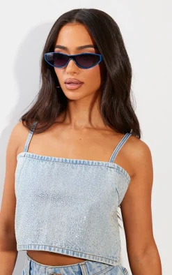 Best PrettyLittleThing Petite Denim Diamante Crop Top Blue