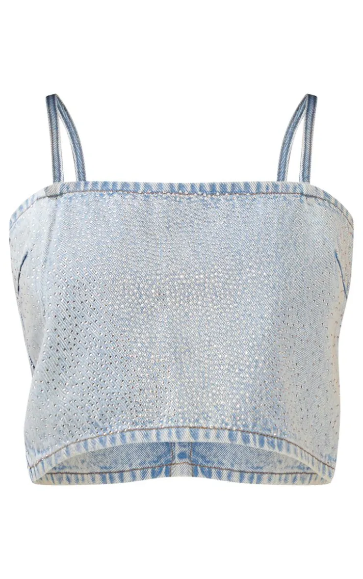 Best PrettyLittleThing Petite Denim Diamante Crop Top Blue