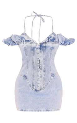 Petite Denim Halterneck Frill Detail Mini Dress-PrettyLittleThing Best