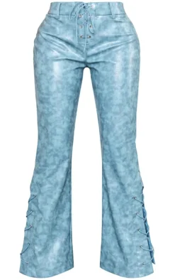Petite Blue Faux Leather Lace Up Straight Leg Pants