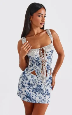 Online PrettyLittleThing Petite Floral Print Satin Detail Corset Top Blue