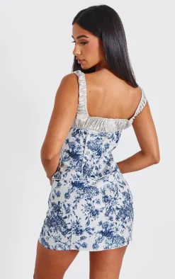 Online PrettyLittleThing Petite Floral Print Satin Detail Corset Top Blue