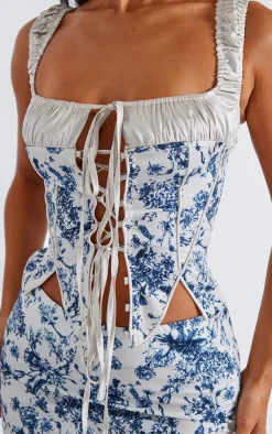 Online PrettyLittleThing Petite Floral Print Satin Detail Corset Top Blue
