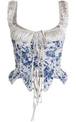 Online PrettyLittleThing Petite Floral Print Satin Detail Corset Top Blue