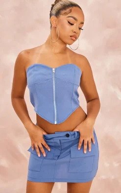 Outlet PrettyLittleThing Petite Zip Up Corset Top Blue Grey