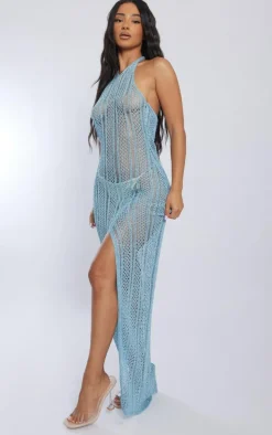 Petite Blue Halterneck Glitter Knit Dress