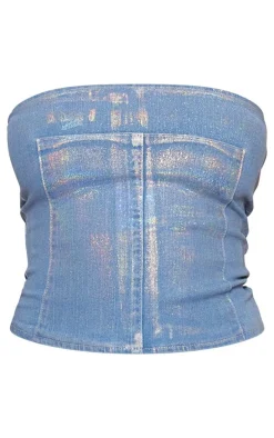 Petite Blue Iridescent Metallic Denim Panel Long Top