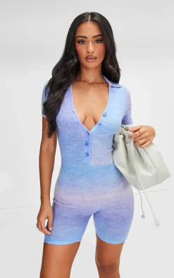 Petite Blue Knitted Ombre Button Up Romper