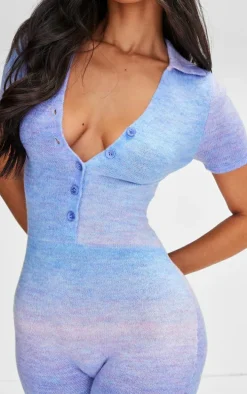 Petite Blue Knitted Ombre Button Up Romper