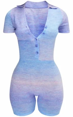 Petite Blue Knitted Ombre Button Up Romper