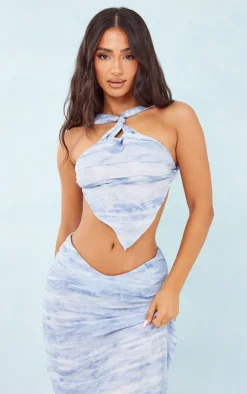 Sale PrettyLittleThing Petite Ombre Halterneck Crop Top Blue