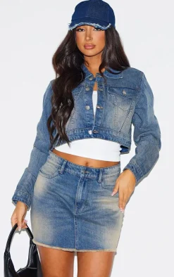 Hot PrettyLittleThing Petite Pocket Detail Cropped Denim Jacket Blue