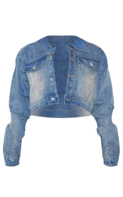 Hot PrettyLittleThing Petite Pocket Detail Cropped Denim Jacket Blue