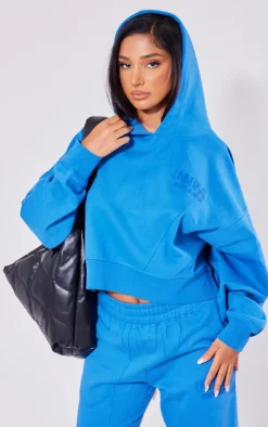 PrettyLittleThing Petite Premium Tonal Print Panelled Boxy Hoodie Blue