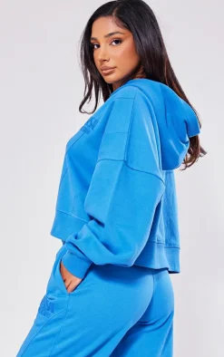 PrettyLittleThing Petite Premium Tonal Print Panelled Boxy Hoodie Blue