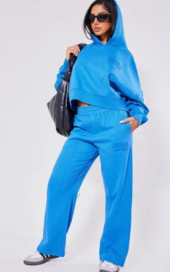 PrettyLittleThing Petite Premium Tonal Print Panelled Boxy Hoodie Blue