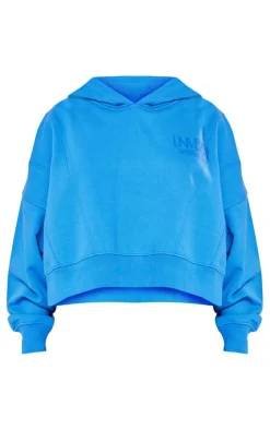 PrettyLittleThing Petite Premium Tonal Print Panelled Boxy Hoodie Blue