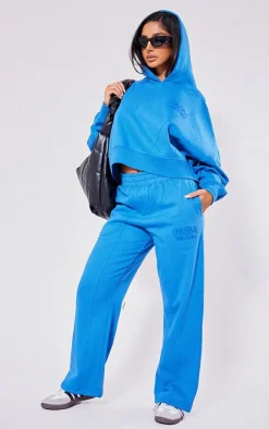 Online PrettyLittleThing Petite Premium Tonal Print Panelled Straight Leg Sweatpants Blue