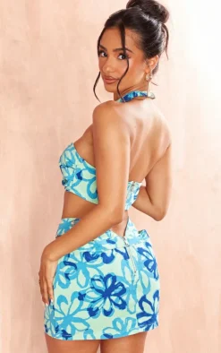 Clearance PrettyLittleThing Petite Printed Denim Bandeau Top Blue