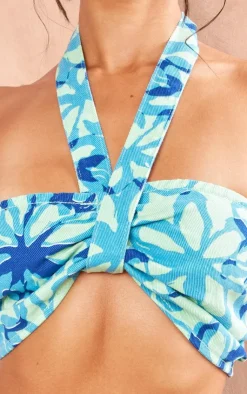 Clearance PrettyLittleThing Petite Printed Denim Bandeau Top Blue