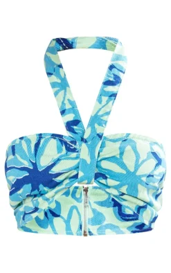 Clearance PrettyLittleThing Petite Printed Denim Bandeau Top Blue