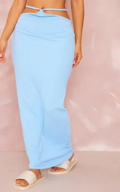 Petite Blue Ribbed Tie Detail Midaxi Skirt