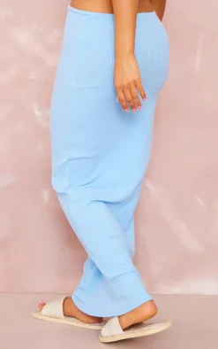 Petite Blue Ribbed Tie Detail Midaxi Skirt