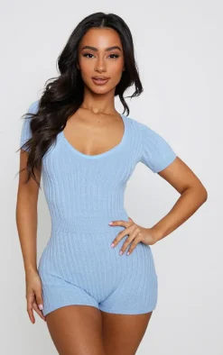 Petite Blue Short Sleeve Knitted Romper