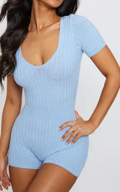 Petite Blue Short Sleeve Knitted Romper