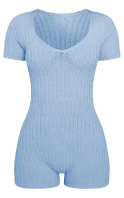 Petite Blue Short Sleeve Knitted Romper