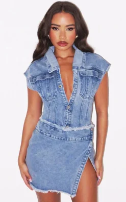 Petite Sleeveless Wrap Over Denim Mini Dress-PrettyLittleThing Outlet