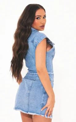 Petite Sleeveless Wrap Over Denim Mini Dress-PrettyLittleThing Outlet