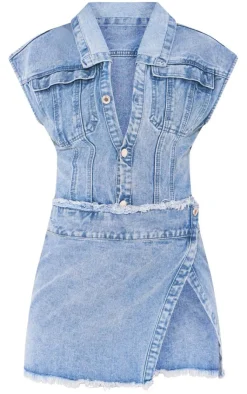 Petite Sleeveless Wrap Over Denim Mini Dress-PrettyLittleThing Outlet