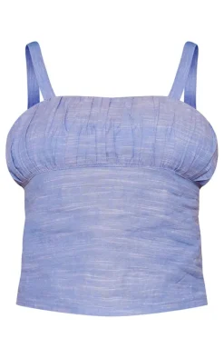Outlet PrettyLittleThing Petite Strappy Marl Linen Look Top Blue