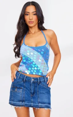 PrettyLittleThing Knitted Tops*Petite Striped Knitted Halterneck Sequin Top